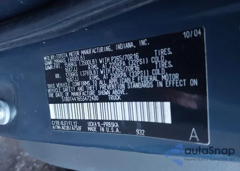 2005 Toyota Tundra Sr5 V8 из США, поврежденный, VIN 5TBDT44165S472400